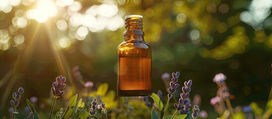Aufkleber - Selective focus on a bottle of lavender essential oil set against a nature backdrop, perfect for a copy space image.