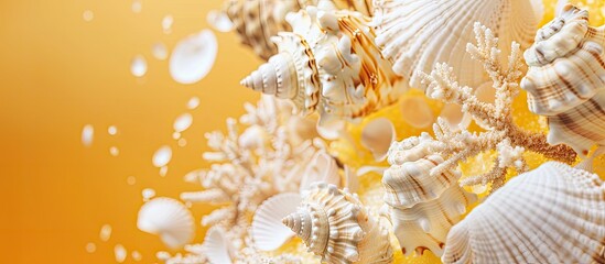 Sea shells in white and brown hues with coral design floating above a lively yellow backdrop, representing holiday travels with copy space image.
