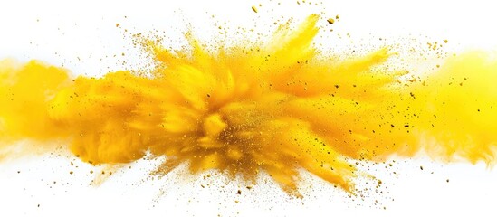 Poster - A freeze-frame image capturing the explosion of yellow powder creating a mesmerizing abstract backdrop with striking colors, leaving copy space image on a white background.