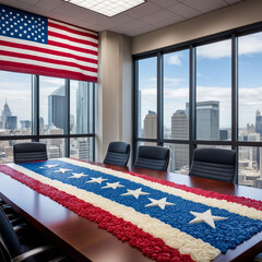 cake decorated with the colors and stars of the United States flag on the office table and the American independence day flag