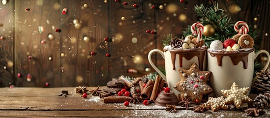 Wall Mural - Overflowing Christmas hot chocolate mugs adorned with chocolate, spices, cookies, candy, and gingerbread on a wooden winter background with space for images. Copy space image