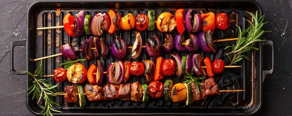 Wall Mural - A plate of skewers with vegetables and meat on a grill. The skewers are arranged in a way that they are all touching each other.