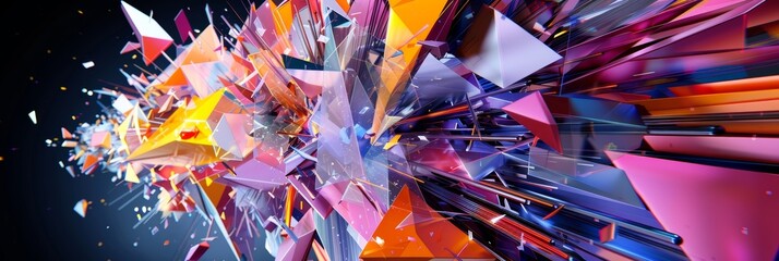 A geometric explosion of prisms bursting with vibrant energy and movement.