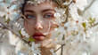 © BONI - Retrato de mujer caucásica con ojos claros entre las ramas de un árbol floreado en primavera. Fotografía para publicidad de primavera.