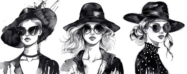 Hand-drawn black and white fashion sketch of a stylish woman wearing sunglasses. The artistic illustration captures modern fashion trends and elegance.