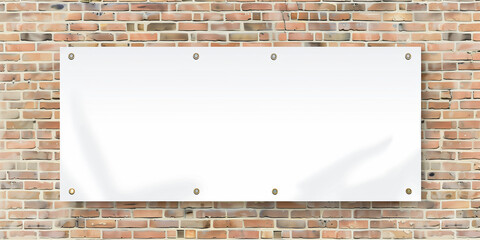 A blank white shiny pvc tarpaulin banner hanging on brick wall