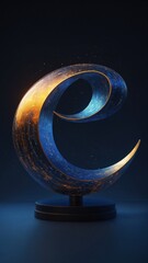 Poster - Swirling, metallic sculpture resembling letter e emerges against dark blue backdrop. Its inner surface glows with orange, blue hues, evoking cosmic scenea nebula, galaxy within.