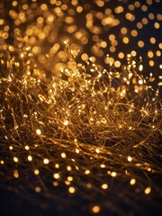 Poster - Web of tangled string lights casts warm golden glow against dark backdrop. Intricate wires, barely visible, twinkle with tiny bulbs, creating delicate beauty that symbolizes festivity.