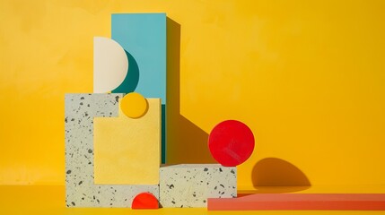 Geometric shapes create an abstract artwork. A platform for displaying products sits on a bright yellow background.