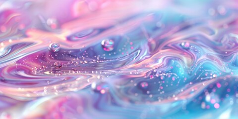 An abstract iridescent liquid background with pearlescent waves and shimmering drops is showcased in this artwork