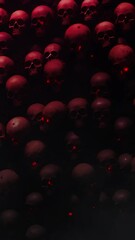 Wall Mural - Vertical Field of Blackened Skulls with Red Lighting 4K Loop features an A.I. Generated video of a pile of blackened skulls with smoke and red lights playing over the skulls in a vertical ratio loop.