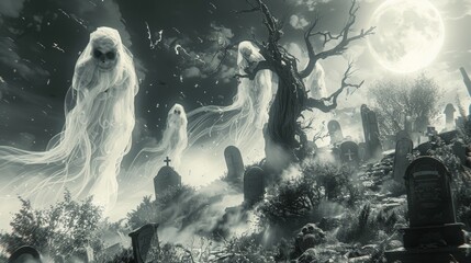 Wall Mural - Eerie Graveyard Scene with Ghosts, Tombstones, and Dead Tree Under Full Moon. A Spooky Halloween Illustration