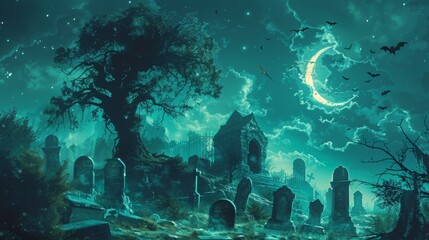 Wall Mural - Spooky Halloween graveyard scene with a crescent moon, bats, and creepy trees. Perfect for Halloween backgrounds, spooky illustrations, and scary designs