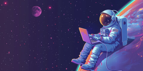 Wall Mural - astronaut in space with a laptop with copy space