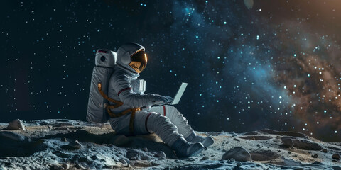 Wall Mural - astronaut in space with a laptop with copy space