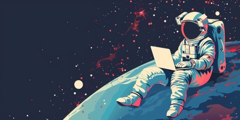Wall Mural - astronaut in space with a laptop with copy space
