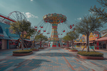 Wall Mural - Daytime view of amusement park rides.