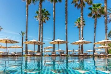 A luxurious beach resort featuring an inviting swimming pool surrounded by leisure beach chairs under elegant umbrellas
