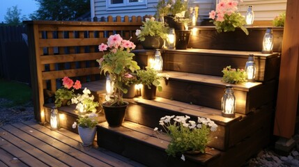 Poster - an outdoor flower planter made from pallets with lantern lights and flowers on each step