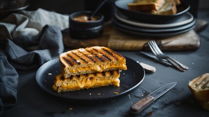 Wall Mural - Grilled cheese sandwich oozing with melted cheese on a dark, rustic plate, perfect for comfort food cravings.