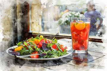Wall Mural - Watercolor painting of vegetable salad and juice on a wooden table.