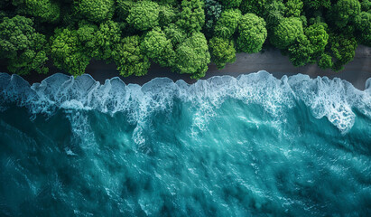 Wall Mural - On the left is the forest, on the right is the sea, taken from above 