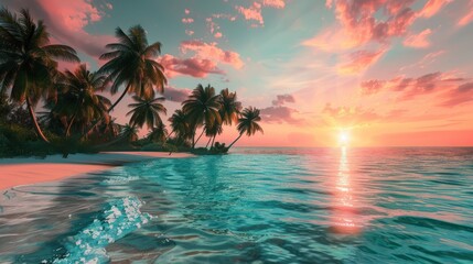 A vibrant sunrise over a tropical beach, with palm trees swaying gently in the breeze and turquoise water lapping at the shore