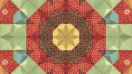 Aufkleber - A geometric pattern that creates a kaleidoscopic effect and consists of intertwined shapes of different colors including shades of orange, yellow and green. Digital loop animation. 3d rendering 4K