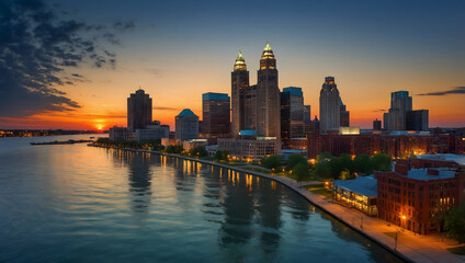 Detroit skyline at sunset, reflecting on the tranquil waters of the Detroit River front. Generative ai.