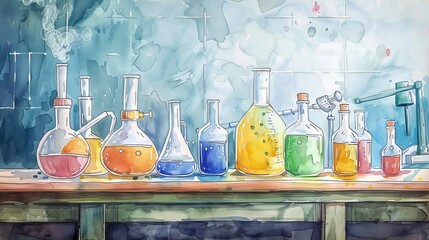 the image shows a laboratory with various scientific equipment, including beakers, flasks, and test 