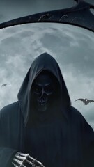 Wall Mural - vertical grim reaper holding a scythe in a dark forest 4k features an a.i. generated video of a skel