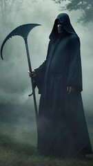 Wall Mural - vertical grim reaper holding a scythe in a dark forest 4k features an a.i. generated video of a skel