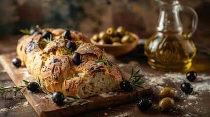 Wall Mural - A rustic olive bread, studded with whole olives and drizzled with olive oil,