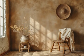 Wall Mural - Cozy home interior with wooden furniture on brown background, empty wall mockup in boho decoration