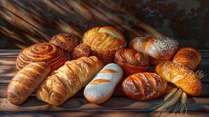 Wall Mural - A variety of artisan breads displayed on a wooden table