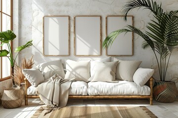 Wall Mural - Design sofa, tropical plant, pillows, blanket, gramophone, and mock up picture frames are all featured in this stylish Scandinavian white room. Modern living area with white walls and brown oak parque