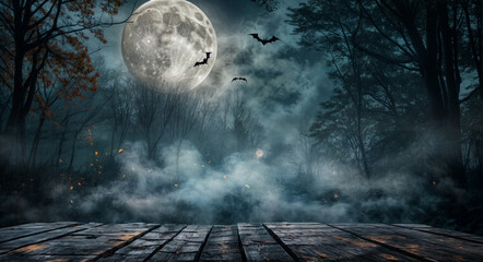 Empty rustic wood table with halloween background