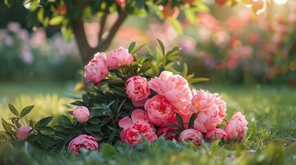 Wall Mural - A bunch of pink peonies are on the grass. The flowers are in full bloom and are arranged in a way that they look like they are in a vase. The scene is peaceful and serene