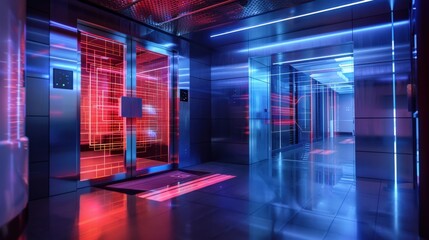 Poster - A futuristic elevator with red and blue lights. Scene is futuristic and modern