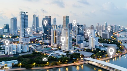 Poster - An aerial view of a modern city at dusk, with white location pin icons interconnected by lines, representing the interconnectedness of a global network