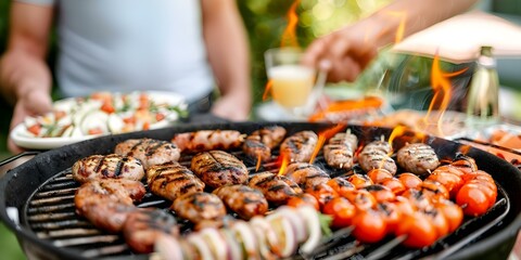 Wall Mural - Friends and family gather in backyard for barbecue party with grilled food. Concept Summer BBQ, Backyard Gathering, Grilled Food, Friends and Family, Outdoor Party