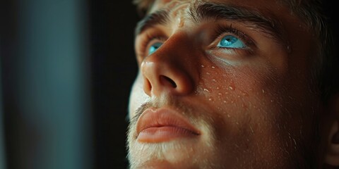 Touched by His Grace. Close-up of a beautiful young man looking up with tears in her eyes. Christian concept, Generative AI