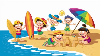 Canvas Print - A group of children playing on a beach with an umbrella and surfboard, AI