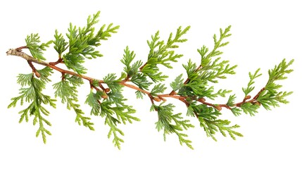 Fresh Green Thuja Branch Isolated on White Background. Evergreen Coniferous Tree Sprig, Natural Design Element.