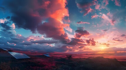 Wall Mural - Vibrant Sunset Over Rural Landscape, Colorful Sky with Clouds, Digital Art Painting