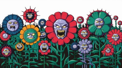 Wall Mural - A group of flowers with faces painted on them in a field, AI