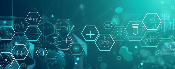 Wall Mural - turquoise background with medical icons and hexagons, vector illustration for banner design of a modern health care technology concept in digital medicine research, futuristic healthcare or other