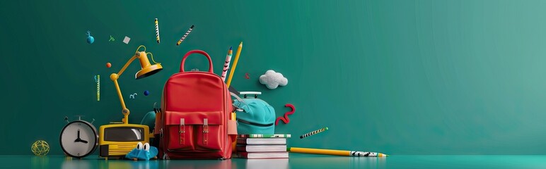 Poster - Yellow backpack with alarm clock and school equipment. Back to school concept on green background 3D Rendering, 3D Illustration. AI generated illustration