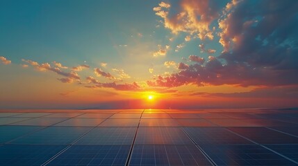 Poster - Sunset over a solar farm. Renewable energy, sustainable future, and green technology.