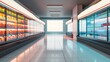 © XtzStudio - Empty supermarket aisle with refrigerated display cases for drinks and dairy products. Retail, grocery shopping, and consumerism concept.